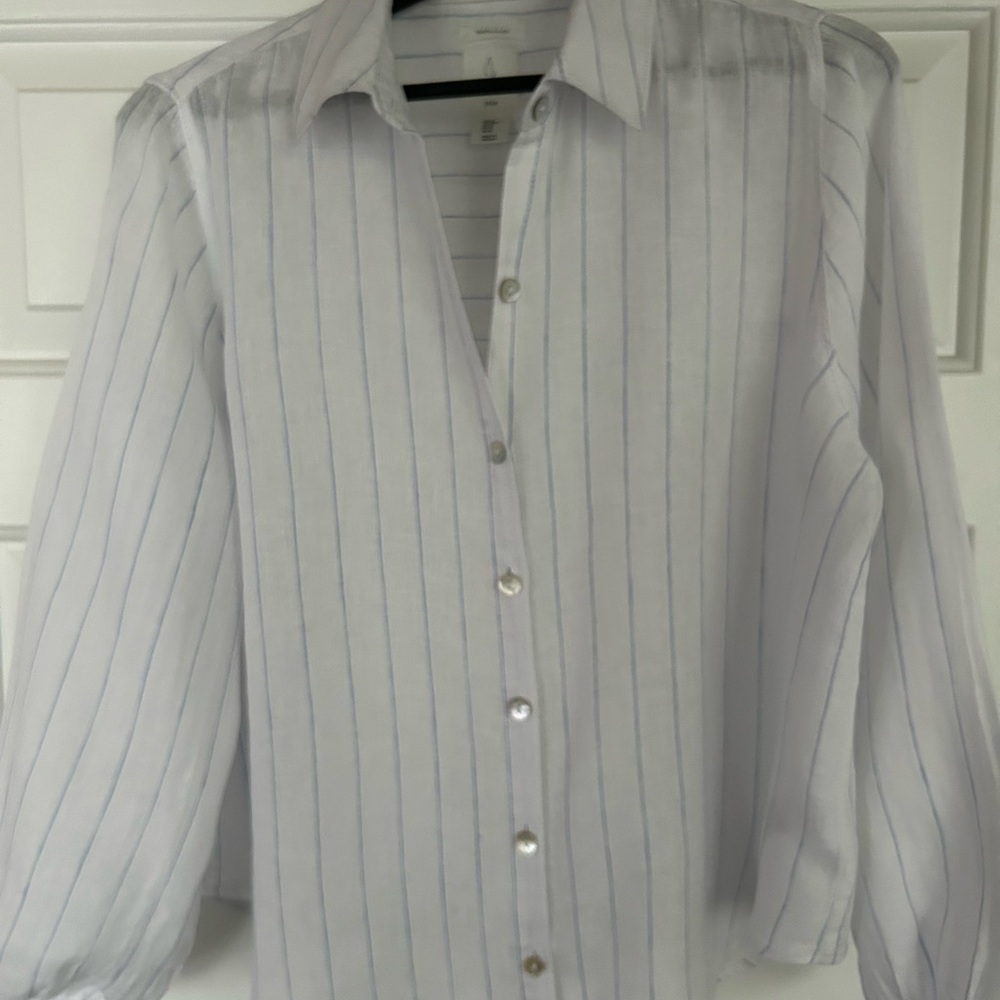 Joie Classic Linen White with Blue Pinstripe Button Down Shirt